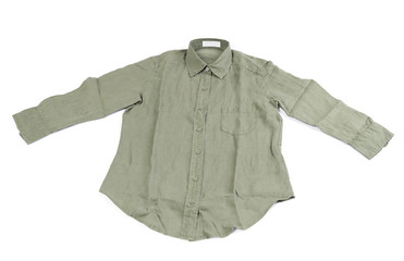 Top view,New trendy green linen shirt isolated on white backgrou