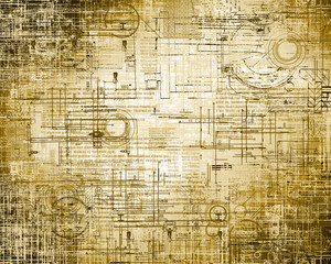 Technology background.Technical and electronic circuits with the effect it scrapes and old paper