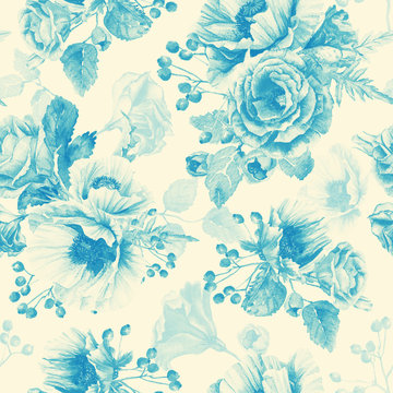 Seamless pattern of watercolor poppies and roses. Illustration of flowers. Vintage. Can be used for gift wrapping paper. Monochrome color.
