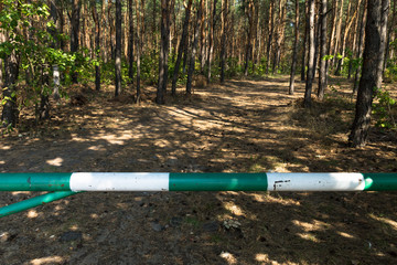 Barrie gate on rural path with forest background