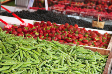 Marketplace with garden truck, vegetables, fruits, berries etc. in Helsinki, Finland