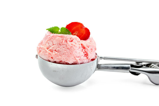 Ice cream strawberry in spoon with mint
