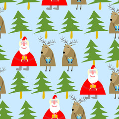 Seamless Christmas pattern. Santa Claus and reindeer with gifts