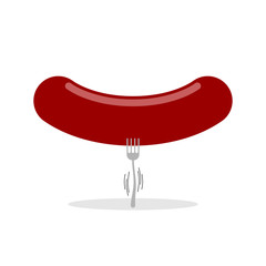 Big sausage and small fork. Illustration for diet.