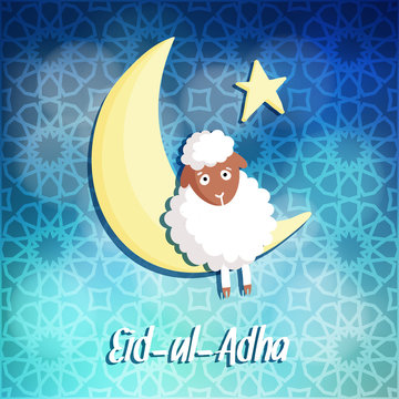Eid-ul-adha greeting card with sheep, moon and star, vector