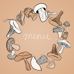 Frame of different hand drawn mushrooms in pastel brown tones