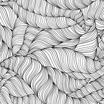 Black and white doodle seamless pattern. Hand-drawn wavy zentangle background.