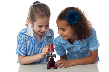 Schoolgirls learning with microscope