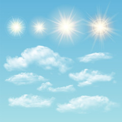 Naklejka na ściany i meble Sky creator. Set realistic clouds and sun. Vector illustration