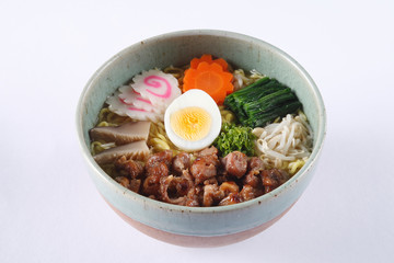 Chasyu shoyu ramen isolated on white background, sliced boided p