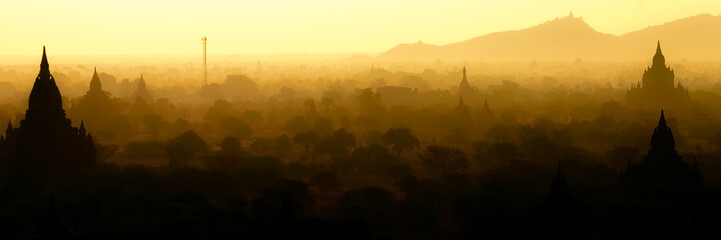 Sunrise over buddhism stupa pagoda in Bagan