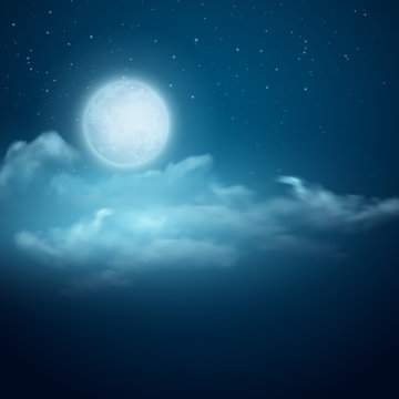 Night vector background, Moon, Clouds and shining Stars on dark