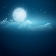 Naklejka premium Night vector background, Moon, Clouds and shining Stars on dark