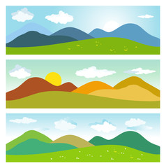 Fototapeta premium Summer mountains landscapes. Set of vector banners.