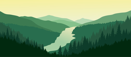 Fototapeta premium Zielony góra krajobraz z rzeką w dolinie.