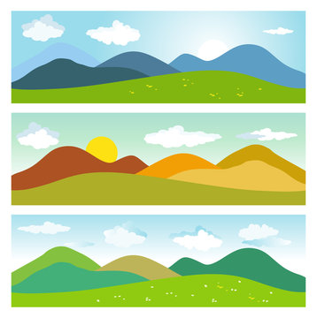 Summer mountains landscapes. Set of vector banners.