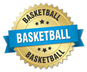 basketball 3d gold badge with blue ribbon