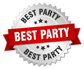 best party 3d silver badge with red ribbon