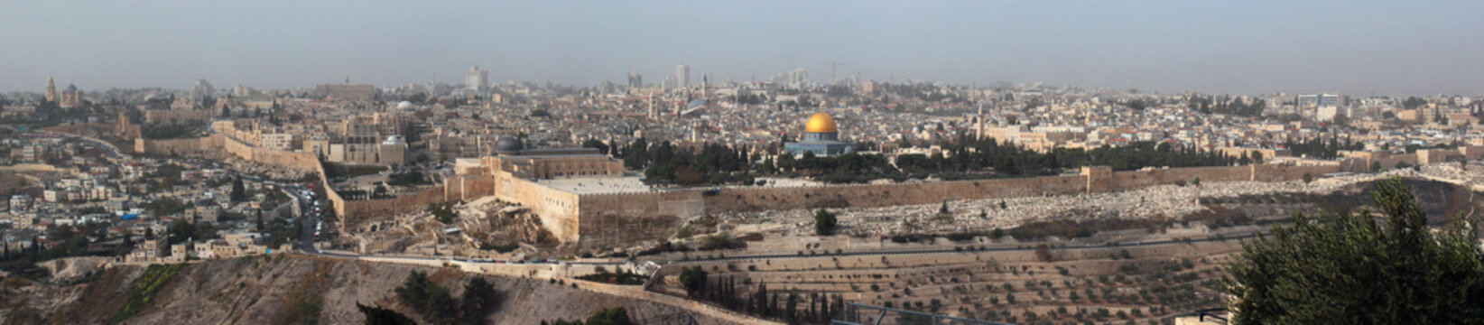 Panorama of central Jerusalem, Israel. View from the Mount of Ol