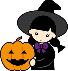 かぼちゃを持つ魔女の仮装の女の子