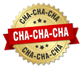 cha-cha-cha 3d gold badge with red ribbon