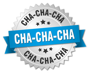 cha-cha-cha 3d silver badge with blue ribbon