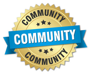 community 3d gold badge with blue ribbon
