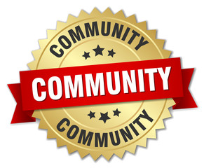 community 3d gold badge with red ribbon