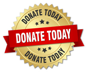 donate today 3d gold badge with red ribbon