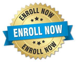 enroll now 3d gold badge with blue ribbon