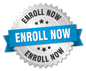 enroll now 3d silver badge with blue ribbon