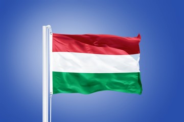 Flag of Hungary flying against a blue sky