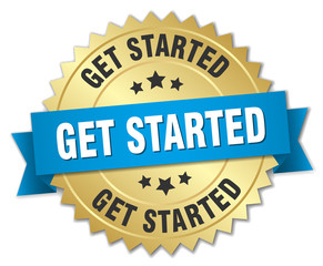 get started 3d gold badge with blue ribbon