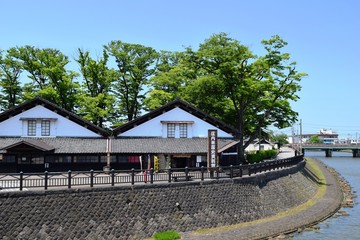 Fototapeta premium 山居倉庫（山形県酒田市）／米どころ、山形県庄内のシンボル「山居倉庫」の風景です。山居倉庫は明治26年(1893)に建てられ、現在も現役の米保管倉庫です。白壁、土蔵づくり９棟からなる倉庫の米の収容能力は10,800トン(18万俵)です。夏の高温防止のために背後にケヤキ並木を配し、内部の湿気防止には二重屋根にするなど、自然を利用した先人の知恵が生かされた低温倉庫です。