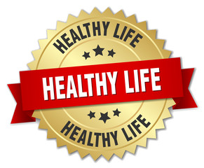 healthy life 3d gold badge with red ribbon
