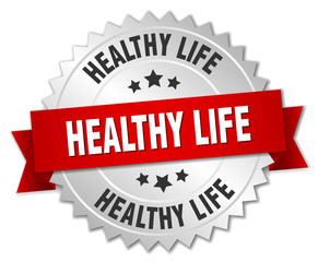 healthy life 3d silver badge with red ribbon