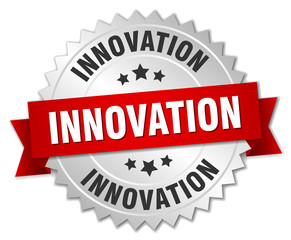 innovation 3d silver badge with red ribbon
