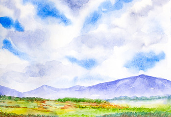 mountain landscape with blue sky watercolor painted