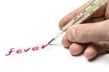 Doctor hand writing on paper symptom "fever", using instead of a pen medical thermometer