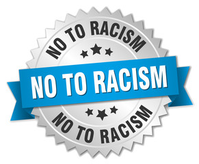 no to racism 3d silver badge with blue ribbon
