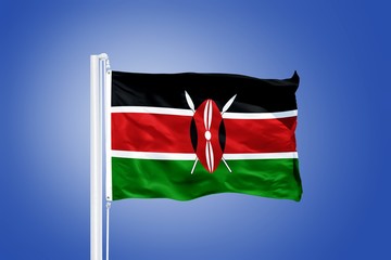 Flag of Kenya flying against a blue sky