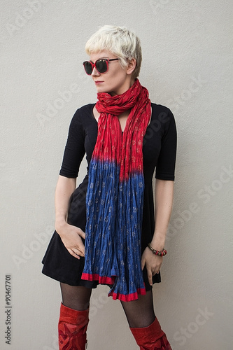 Stylish Young Beautiful Woman Blonde In Black Little Dress Red