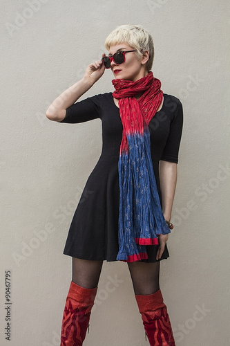 Stylish Young Beautiful Woman Blonde In Black Little Dress Red