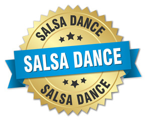 salsa dance 3d gold badge with blue ribbon
