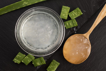 aloe vera juice with fresh leaves