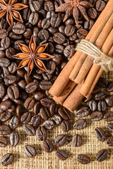 coffee beans and cinnamon sticks