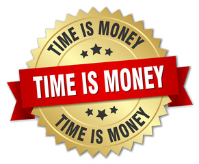 time is money 3d gold badge with red ribbon