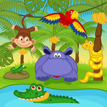 animals in  jungle - vector illustration, eps