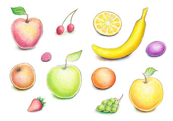 Collection of artistic hand drawn fruits and berries