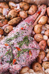 Raw lamb leg marinated with spices, garlic and rosemary, with a young potato.selective focus